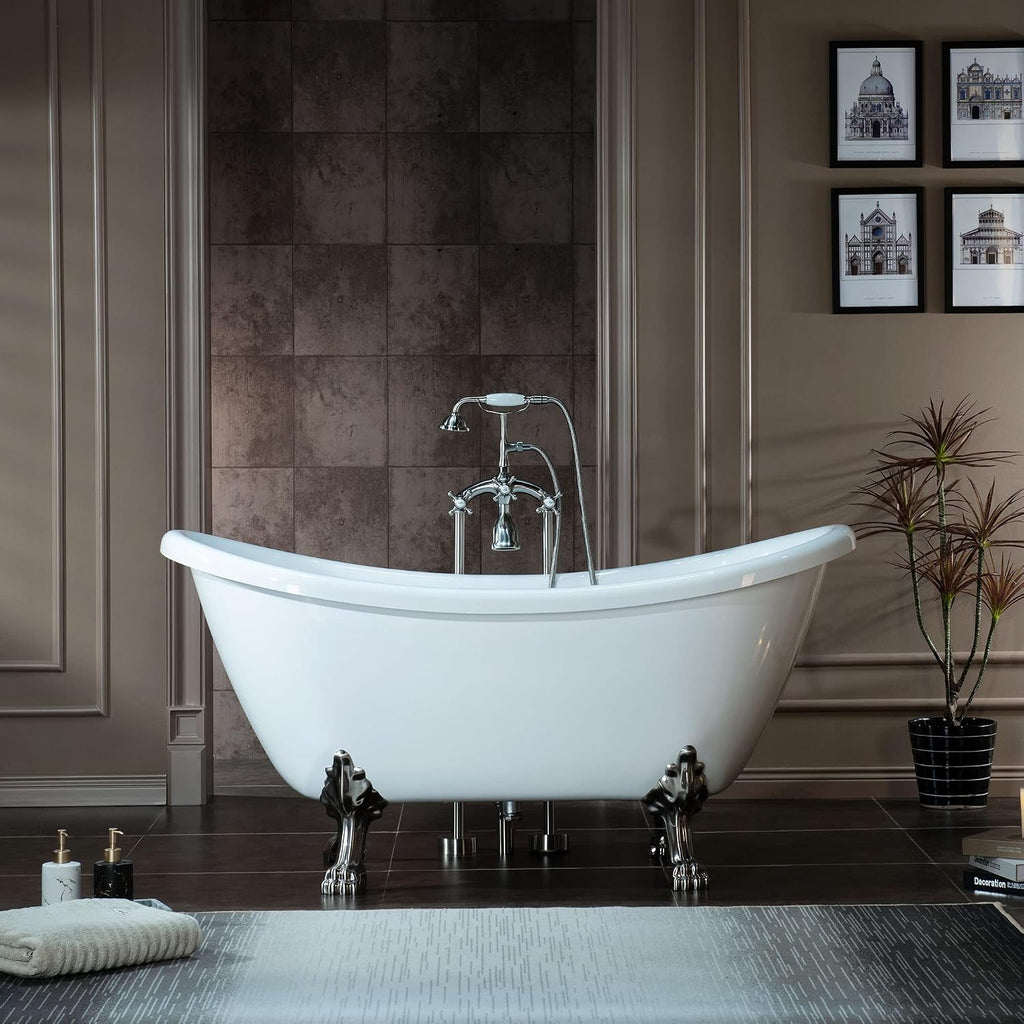 WOODBRIDGE All Inclusive Package 59' Heavy Duty Acrylic Double Slipper Clawfoot Bath Tub with Brushed Nickel Feet+B/N Drain &Overflow+B/N Faucet