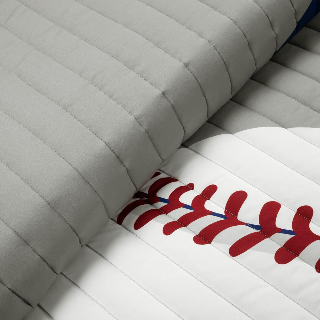 Lush Decor Baseball Game Reversible Quilt Queen Size 5 Piece Set Full/Queen Gray & Navy - Kids Bedding Set Full Quilt - Sports Decor - Baseball Bedding
