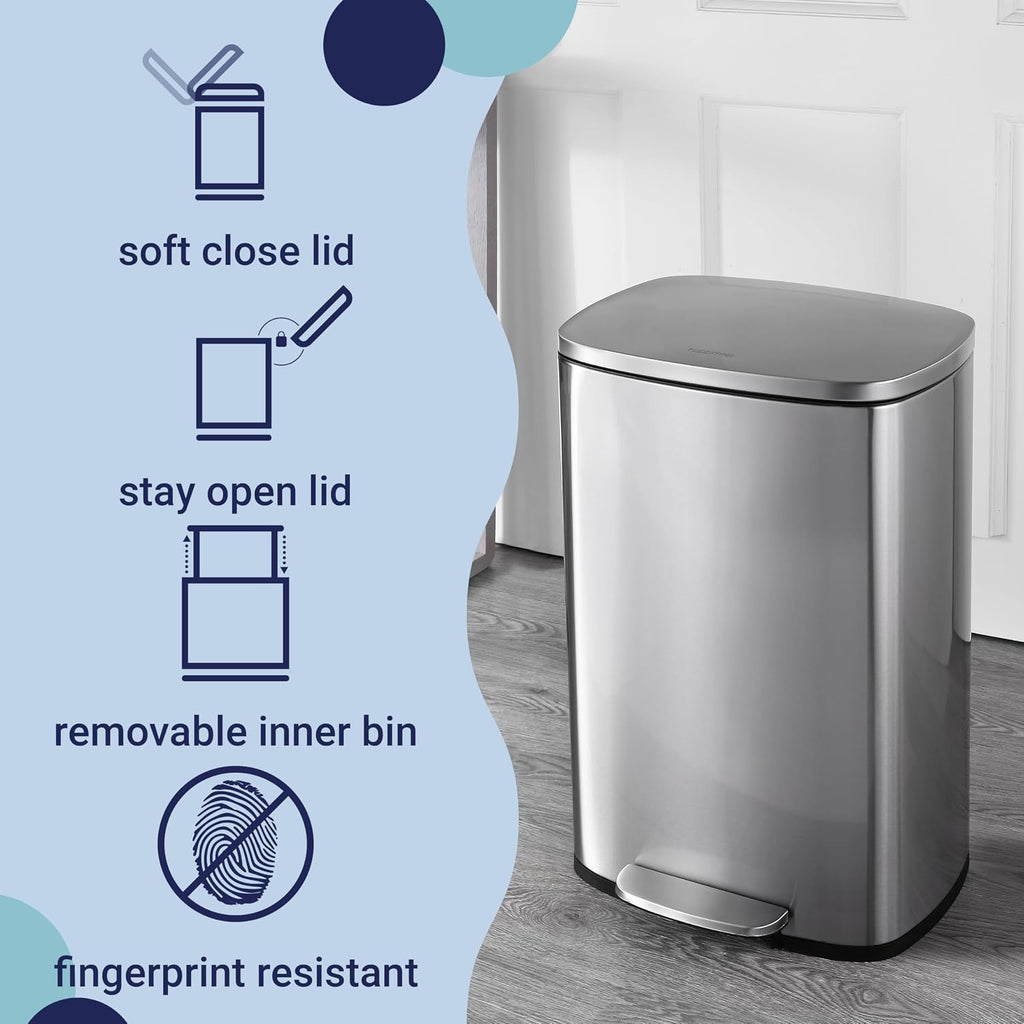 happimess HPM1006A Connor Rectangular 13-Gallon Trash Can with Soft-Close Lid and Free Mini Trash Can, Fingerprint Resistant, Modern, Minimalistic for Home, Kitchen, Office, Bathroom, Steel