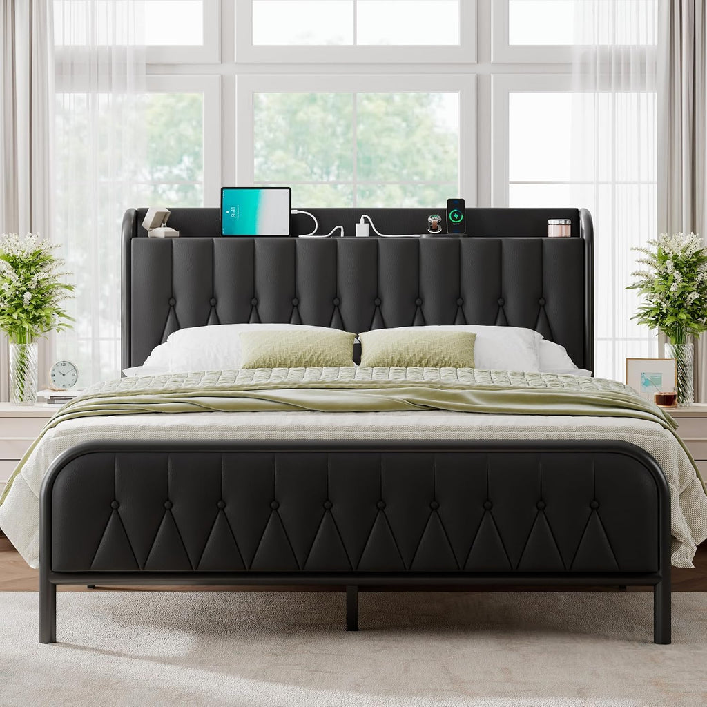 Queen Bed Frame with Fast Charging Station, Leather Queen Size Metal Platform Beds with Upholstered Headboard & Footboard,12' Underbed Storage Space,Easy Assembly,Noise-Free,Black