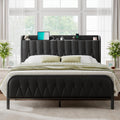 Queen Bed Frame with Fast Charging Station, Leather Queen Size Metal Platform Beds with Upholstered Headboard & Footboard,12' Underbed Storage Space,Easy Assembly,Noise-Free,Black