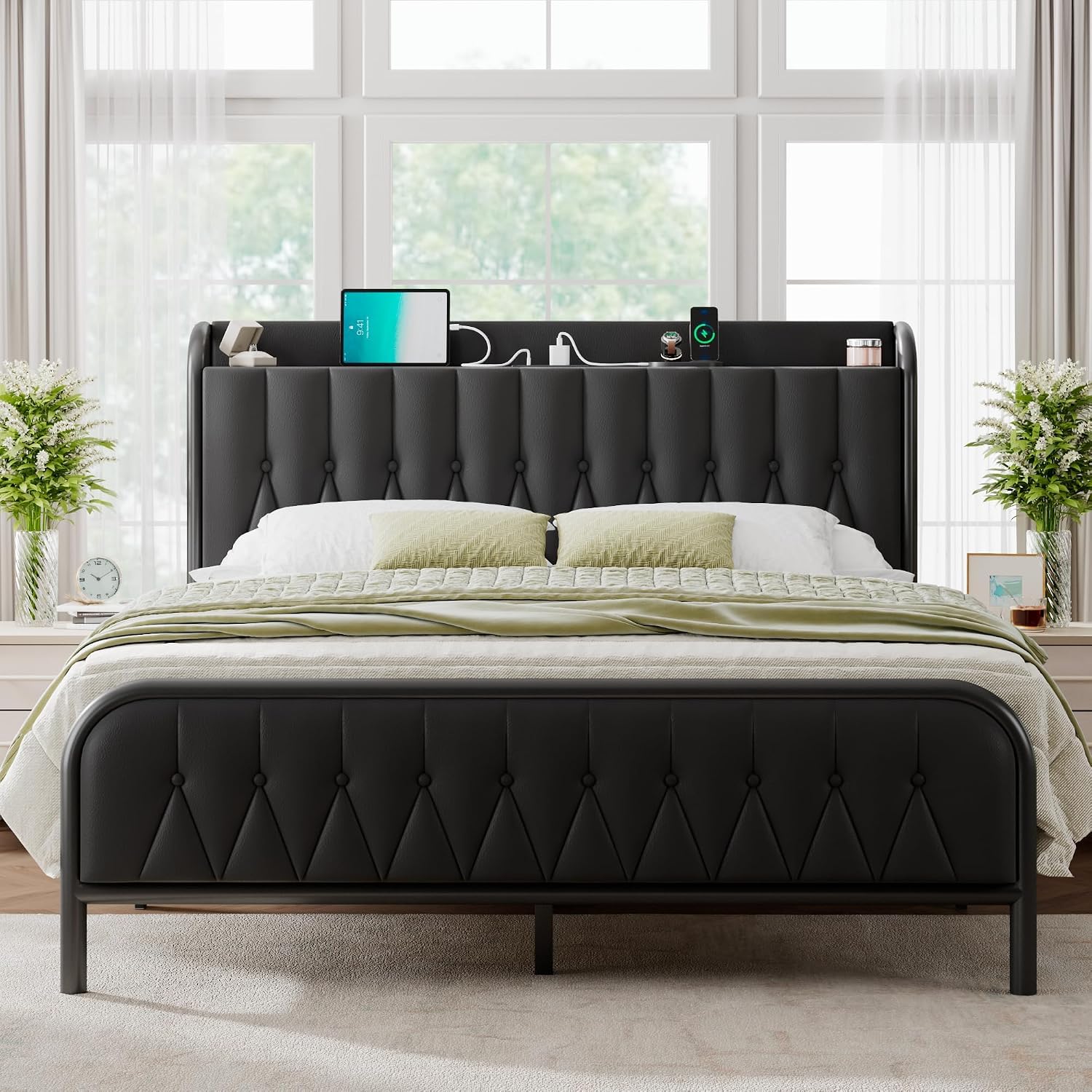 Queen Bed Frame with Fast Charging Station, Leather Queen Size Metal Platform Beds with Upholstered Headboard & Footboard,12' Underbed Storage Space,Easy Assembly,Noise-Free,Black