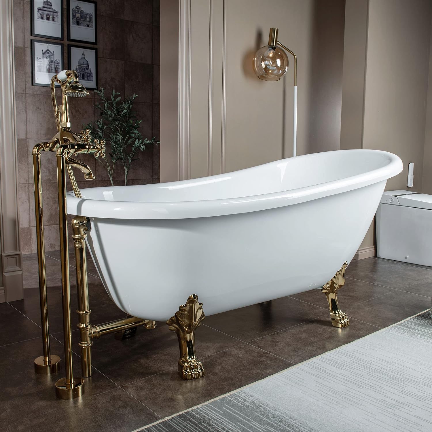WOODBRIDGE All Inclusive Package 67' Heavy Duty Acrylic Slipper Clawfoot Bath Tub with Polished Gold Feet+Polished Gold Drain &Overflow +PG Faucet