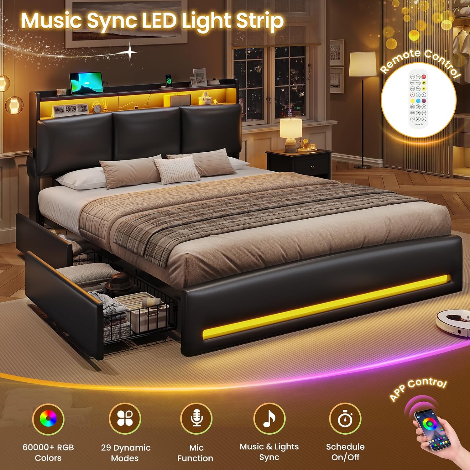VIAGDO Full Size Bed Frame with Storage Headboard and Charging Station, Leather Upholstered Bed Frame Full Size with 4 Drawers and LED Lights, Type C and USB, No Box Spring Needed, Black