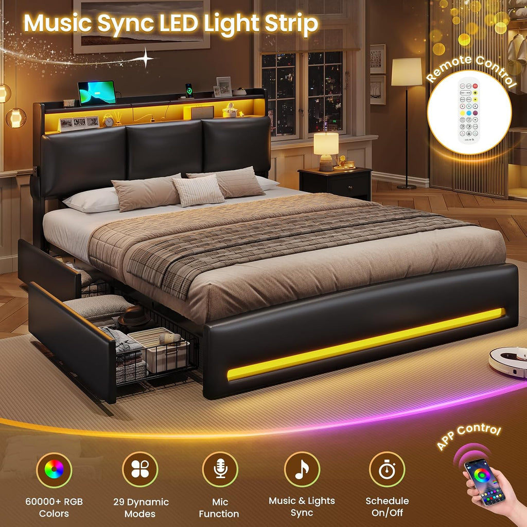 VIAGDO Queen Bed Frame with Storage Headboard and Charging Station, Leather Upholstered Bed Frame Queen Size with 4 Drawers and LED Lights, Type C and USB, No Box Spring Needed, Black