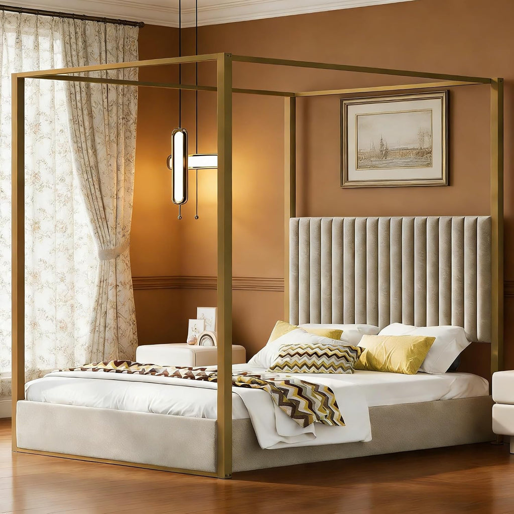 LUMISOL Queen Size Metal Canopy Bed Frame, 4 Poster Canopy Bed with Tall Upholstered Headboard, Upholstered Low Profile Canopy Platform Bed, No Box Spring Needed, Beige + Gold