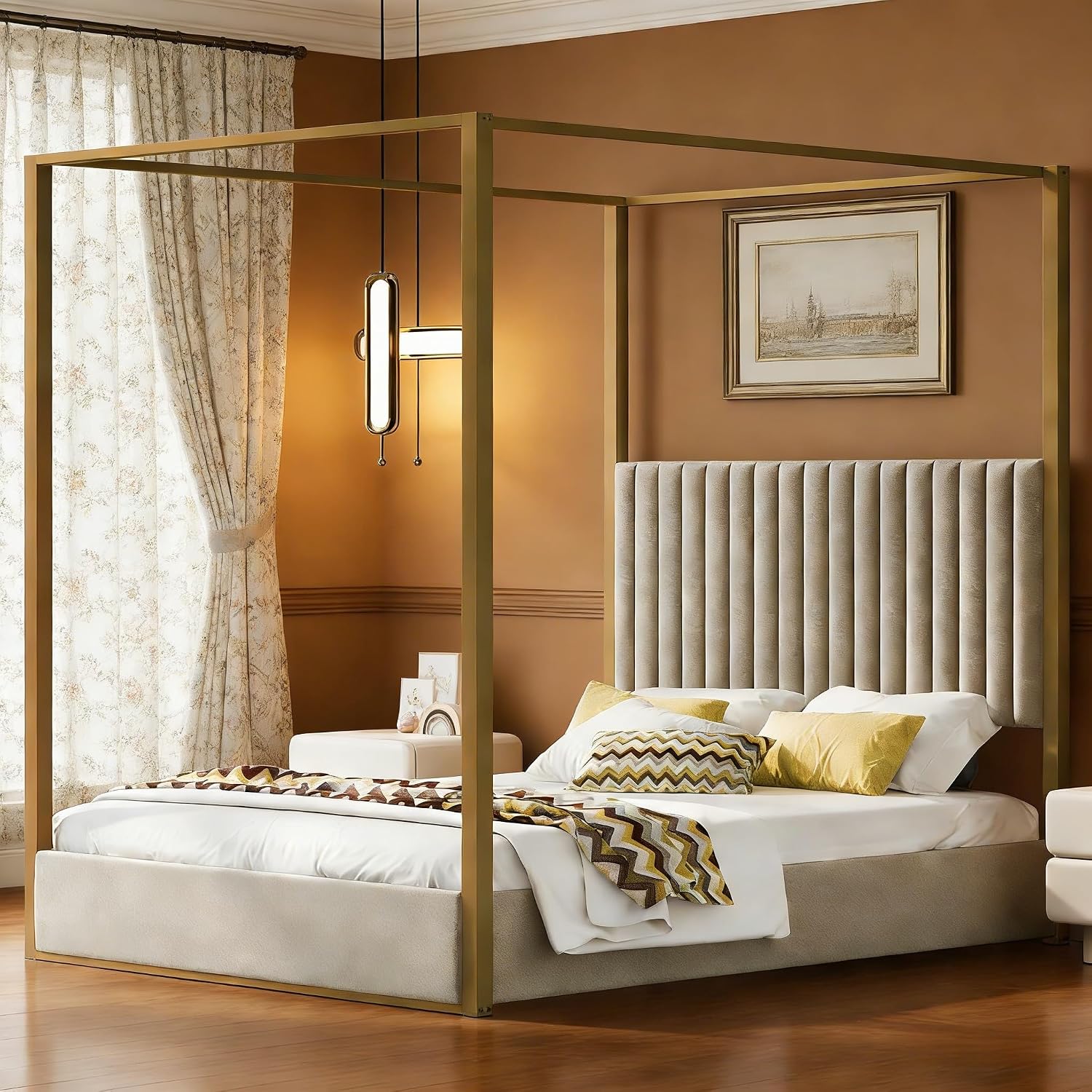 LUMISOL Queen Size Metal Canopy Bed Frame, 4 Poster Canopy Bed with Tall Upholstered Headboard, Upholstered Low Profile Canopy Platform Bed, No Box Spring Needed, Beige + Gold