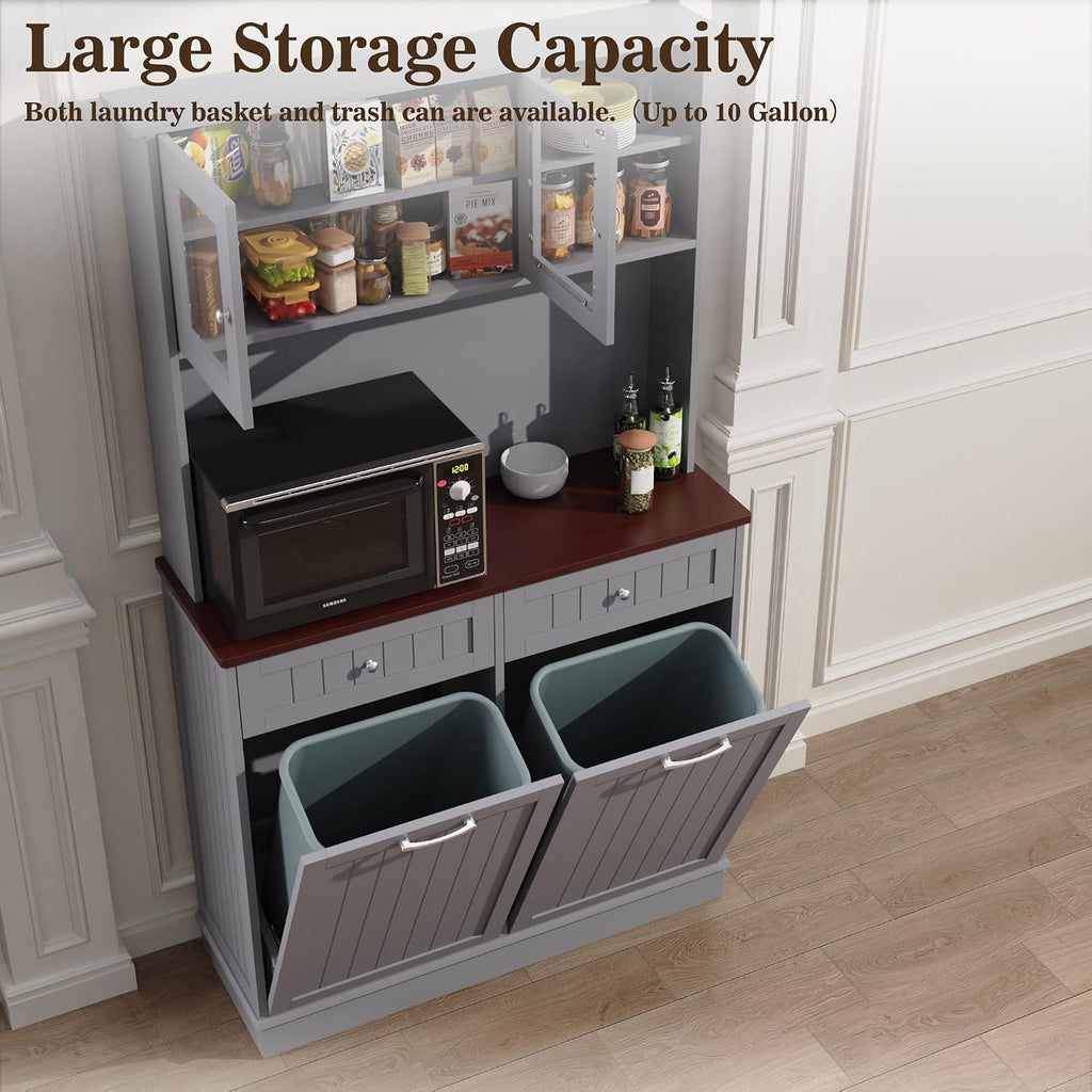 Double Tilt Out Trash Cabinet Storage Cabinet 20 Gallon with Two Solid Wood Hideaway Trash Holder Drawers, Dual Wooden Free Standing Recycling Cabinets Trash Can Bin Kitchen (Gray)