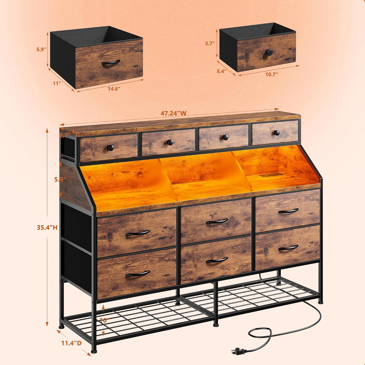 EnHomee Dresser for Bedroom with 10 Drawers & Shoe Rack Fabric Dressers & Chests of Drawers with LED Lights and Power Outlets Bedroom Dresser for Entryway, Hallway (Rustic Brown)