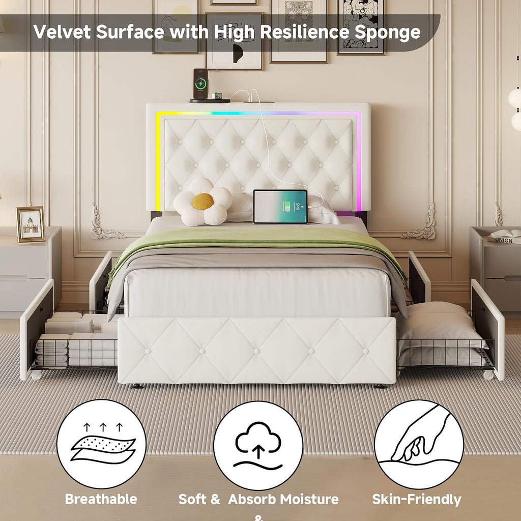 LED Twin Bed Frames with Headboard and Storage,Twin Size Bed Frames with 4 Storage Drawers and LED Lights,Velvet Upholstered Platform Twin Bed Frame with Charging Station,No Box Spring Needed,White