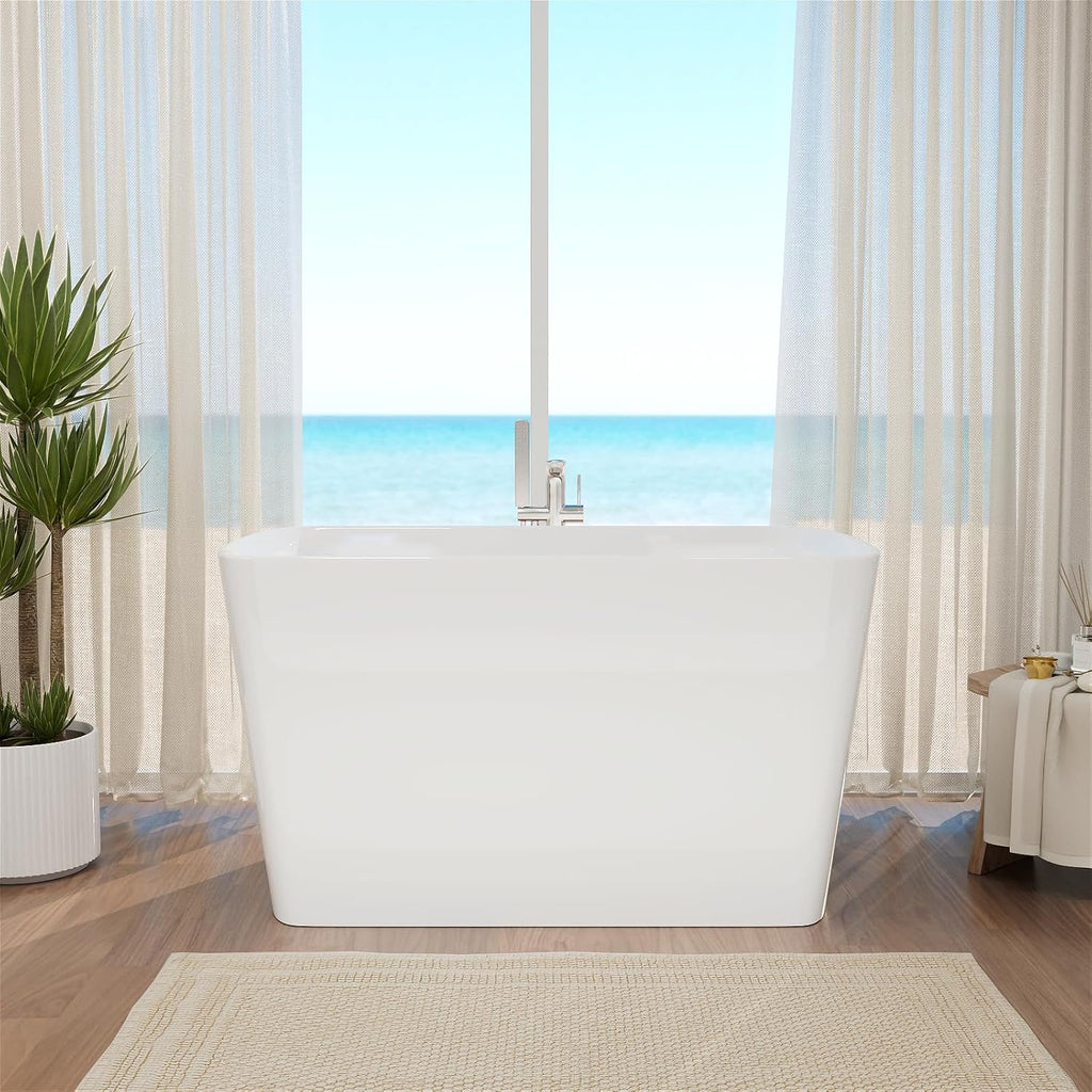 47' Lucite Acrylic Freestanding Bathtub，Square Shape Japanese Soaking Tub with Seat Desgin,Toe-tap Chrome Right Drain, Slotted Overflow, cUPC Certified,Glossy White