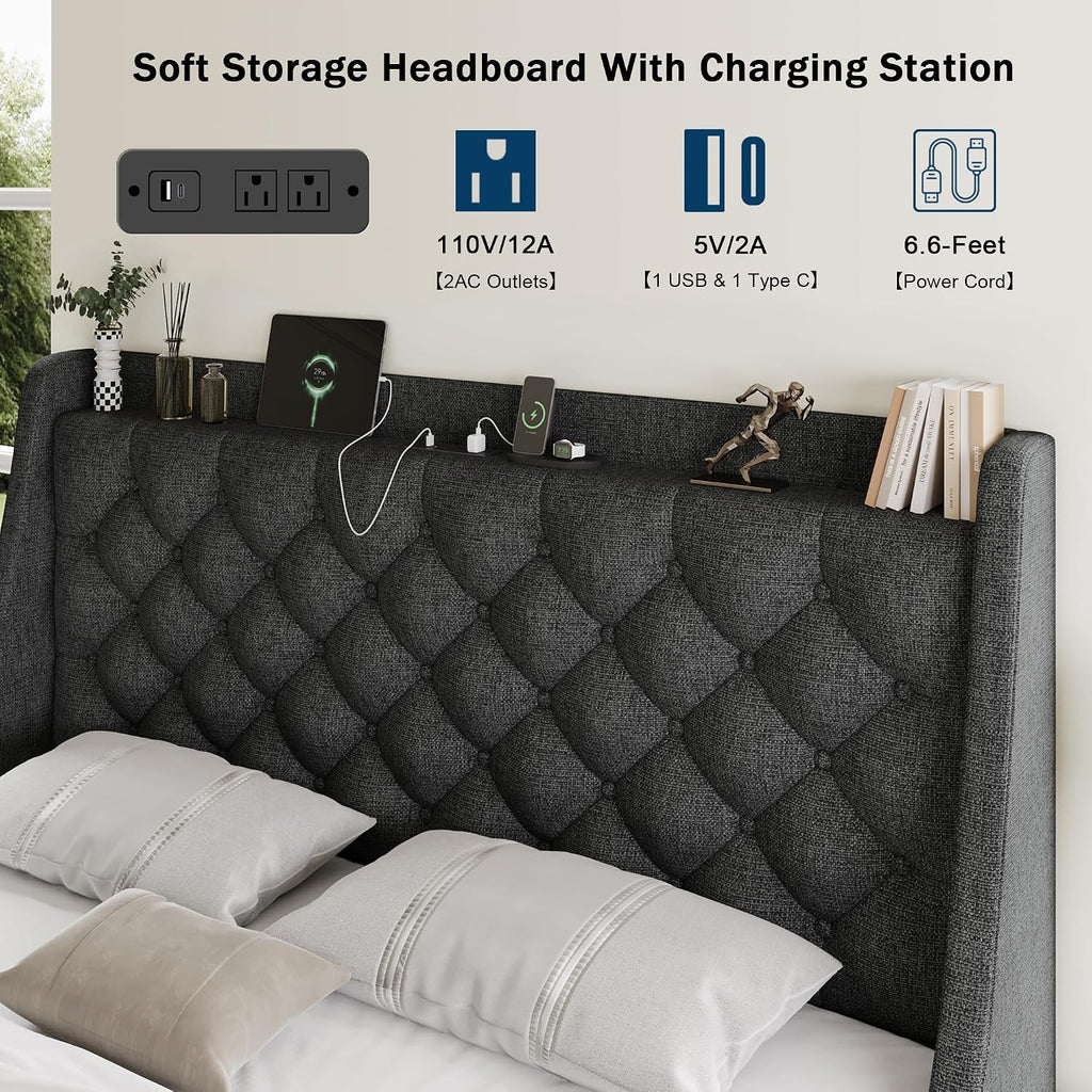 GalnFu Full Size Bed Frame with 4 Storage Drawers, Giant Upholstered Wingback Headboard, Fast Charging Station, No Box Spring Needed, Noise-Free, Dark Grey