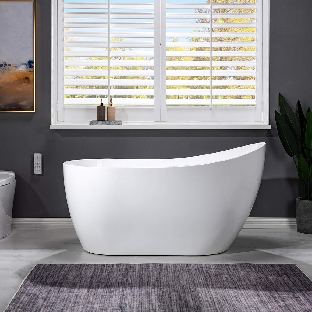 WOODBRIDGE 54' Acrylic Freestanding Bathtub Contemporary Soaking White Tub with Chrome Overflow and Drain，BTA1507 -C-Drain &O