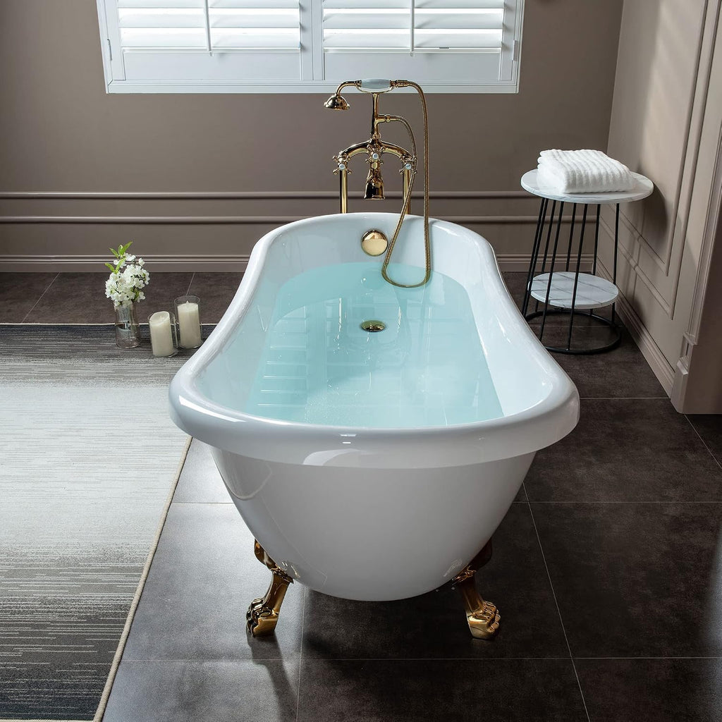 WOODBRIDGE All Inclusive Package 67' Heavy Duty Acrylic Slipper Clawfoot Bath Tub with Polished Gold Feet+Polished Gold Drain &Overflow +PG Faucet