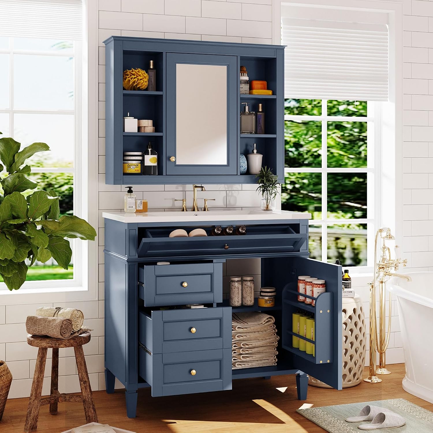 Merax 36'' Bathroom Vanity with Medicine Cabinet, Royal Blue Mirror Cabinet, Modern Bathroom Storage Cabinet with 2 Soft Closing Doors and 4 Drawers, Blue