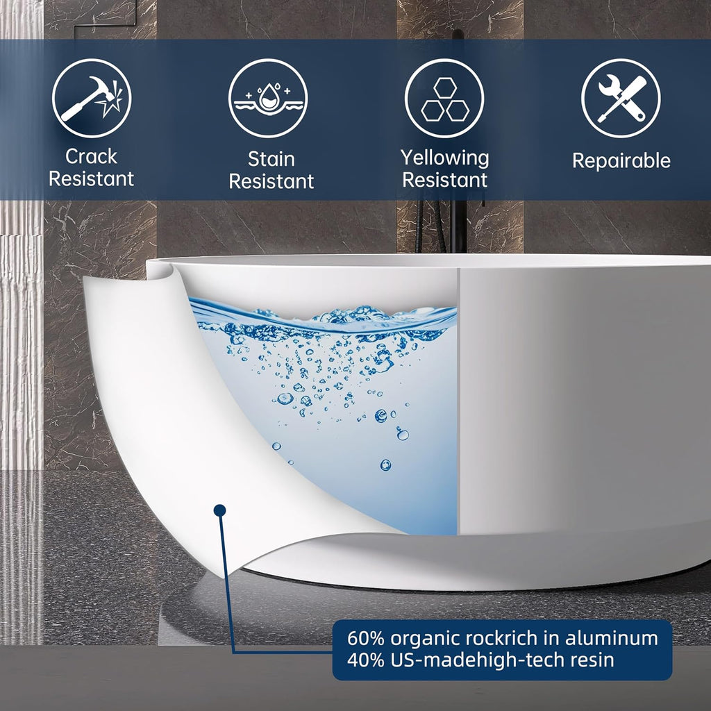 49'' Round Soaking Bathtub Resin Stone Freestanding Bathtub Soaking Deep Tub Solid Surface Bathtub with Overflow and Pop-up drain in White