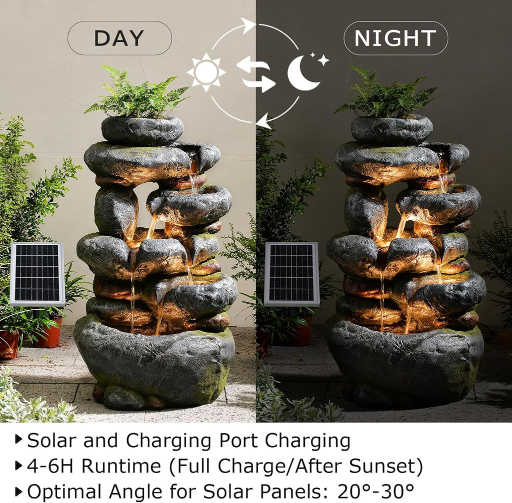 5-Tier Solar Water Fountain Outdoor Garden Cascading Rock Feature, 29.5''Tall Solar Powered Outside Fountains and Waterfalls with Lights for Garden, Patio, Yard, Deck Home Décor
