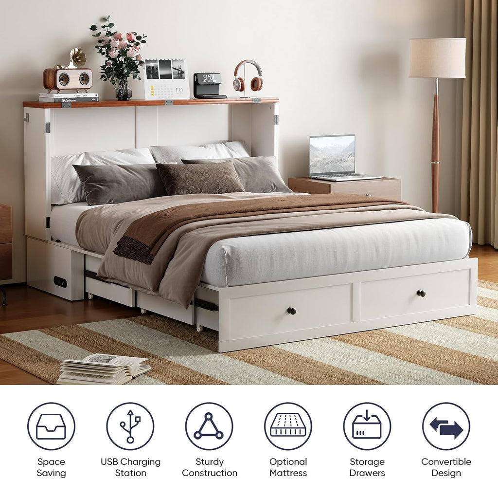ijuicy Full Murphy Bed with Storage & Multifunctional Charging Station, Farmhouse Murphy Cabinet Bed with Foldable Panel, Space-Saving Beds for Guest Bedroom, Living Room-White & Brown, No Mattress