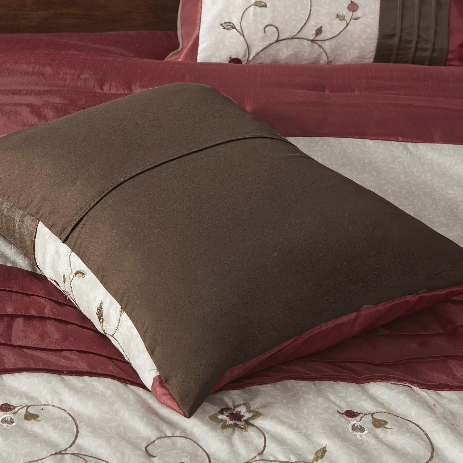 Madison Park Serene Faux Silk Comforter Set - Floral Embroidery Design, All Season Bedding Set, Matching Bed Skirt, Decorative Pillows, Red Cal King(104'x92') 7 Piece