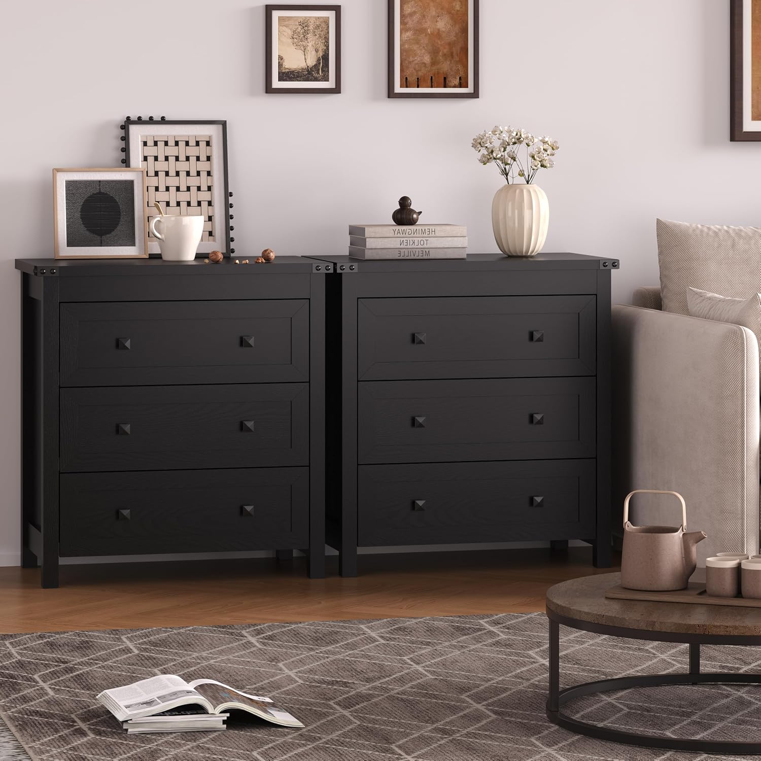 BORNOON 3-Drawer Dresser, Small Wooden Chest of Drawers with Metal Knobs, Water-Resistant Top, Storage Organizer with Anti-Tip Kit for Bedroom, Nursery, Living Room