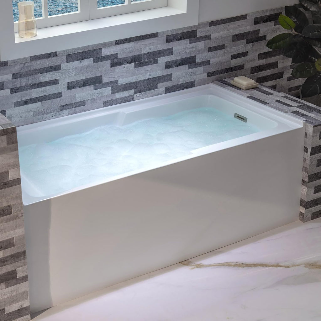 WOODBRIDGE 60' Acrylic Rectangular Alcove Soaking Bathtub in White with Right Drain, Brushed Nickel Pop-Up Drain Included BA6030R
