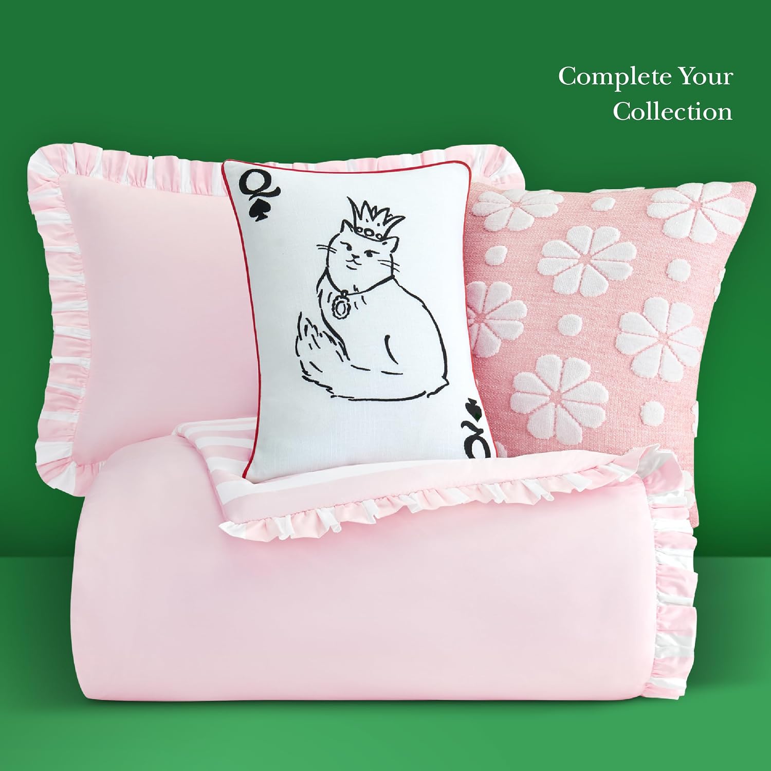 kate spade new york Sateen Ruffle King Comforter Set, 300 Thread Count Cotton Sateen Reversible Cover, All Season 3 Piece Bedding, Machine Washable, Pink