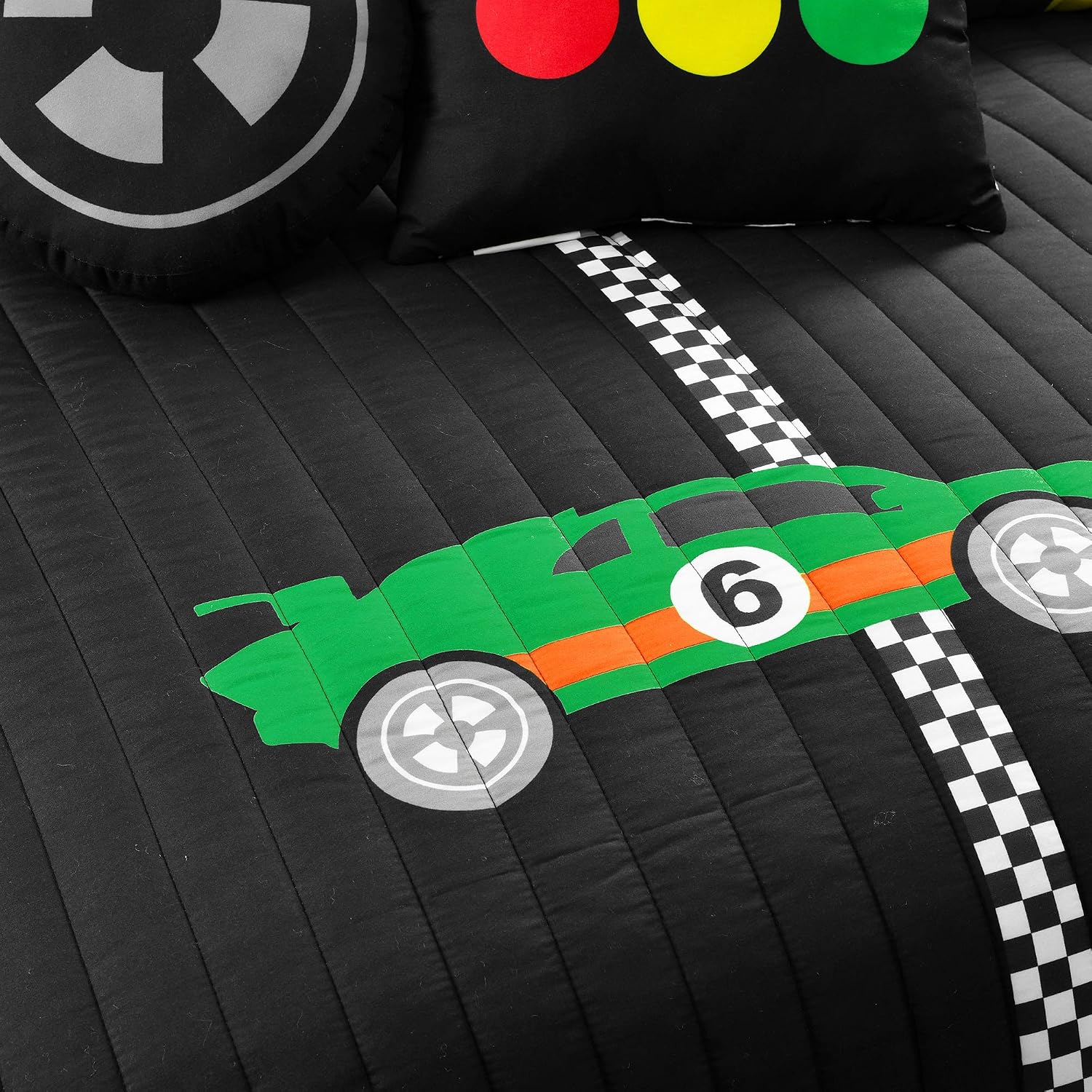 Lush Decor Racing Cars Reversible Quilt Twin Size 4 Piece Set Black & Multi - Toddler Bedding Set Twin Quilt - Car Decor