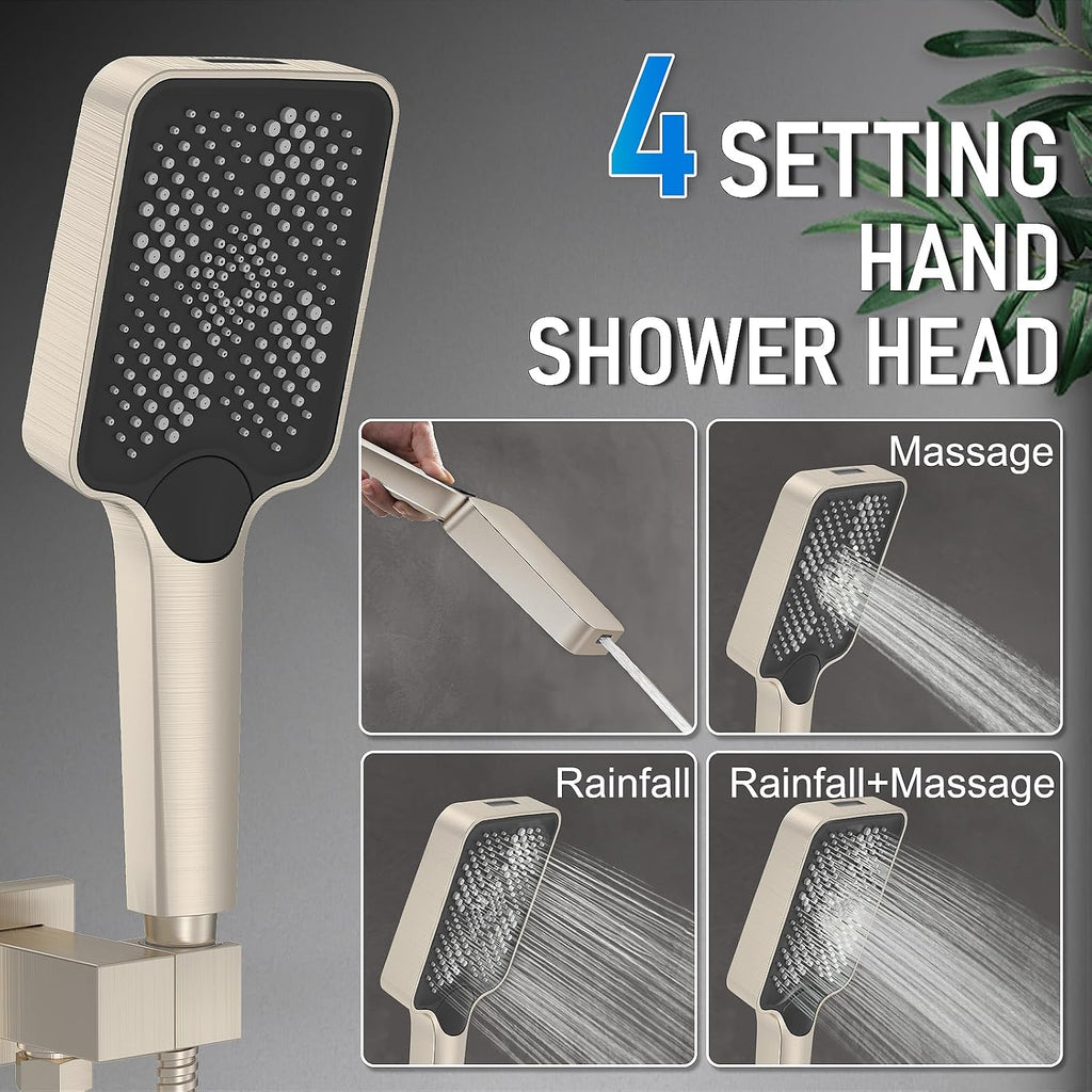 Iriber Thermostatic Shower System with Adjustable Water Flow Push Button Diverter, Square Dual Shower Heads Faucet Set with Handheld Spray, Brushed Nickel Shower Mixer Valve Trim Kit (Valve Included)
