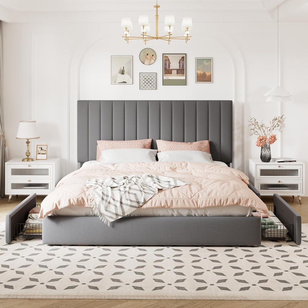 Allewie King Size Storage Bed Frame, Vertical Channel Tufted Adjustable Headboard, Velvet Upholstered Platform Bed with 4 Oversized Underbed Drawers, Wooden Slats Support, No Box Spring Needed, Grey
