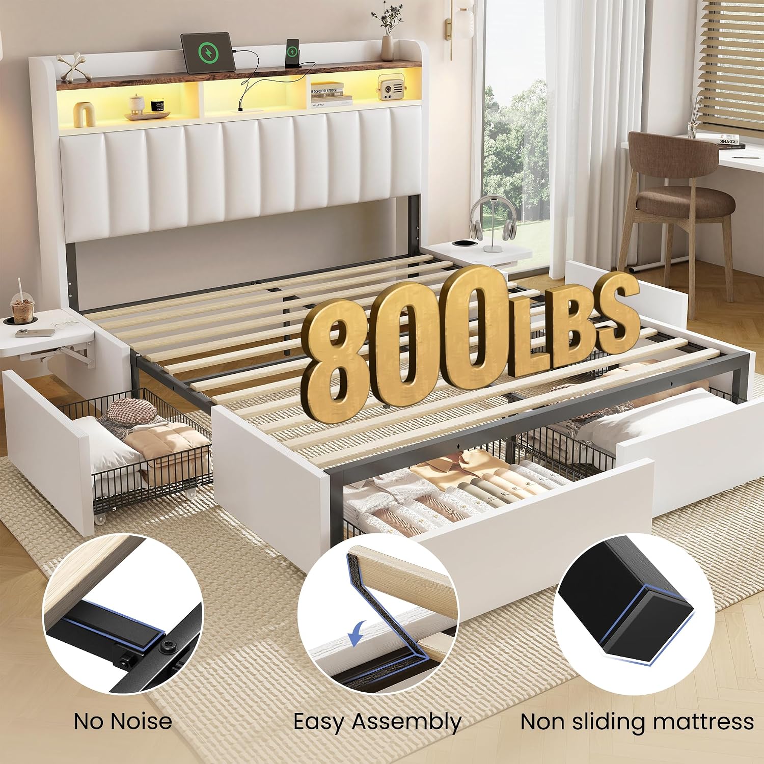 BRELTAM Queen Bed Frame with Headboard,4 Storage Drawers,and Built-in Adjustable Desk,Charging Station,Easy Assembly,No Box Spring Needed,White