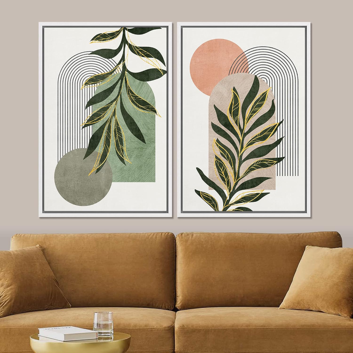 SIGNFORD Framed Canvas Print Wall Art Set Jungle Palm Leaf Geometric Polygons Abstract Shapes Illustration Modern Art Decorative Nordic Nature for Living Room, Bedroom, Office - 24'x36'x2 White