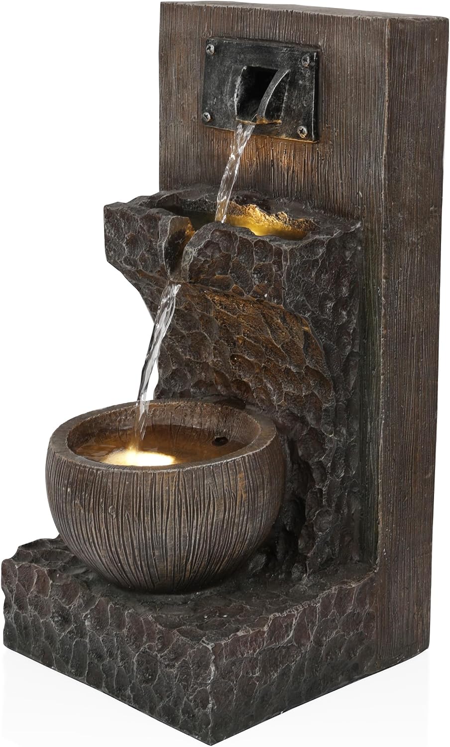 Alpine Corporation ZDQ108 Indoor/Outdoor Floor 3-Tier Fountain with LED Lights, Cascading Garden Water Fountain, 20' H, Brown