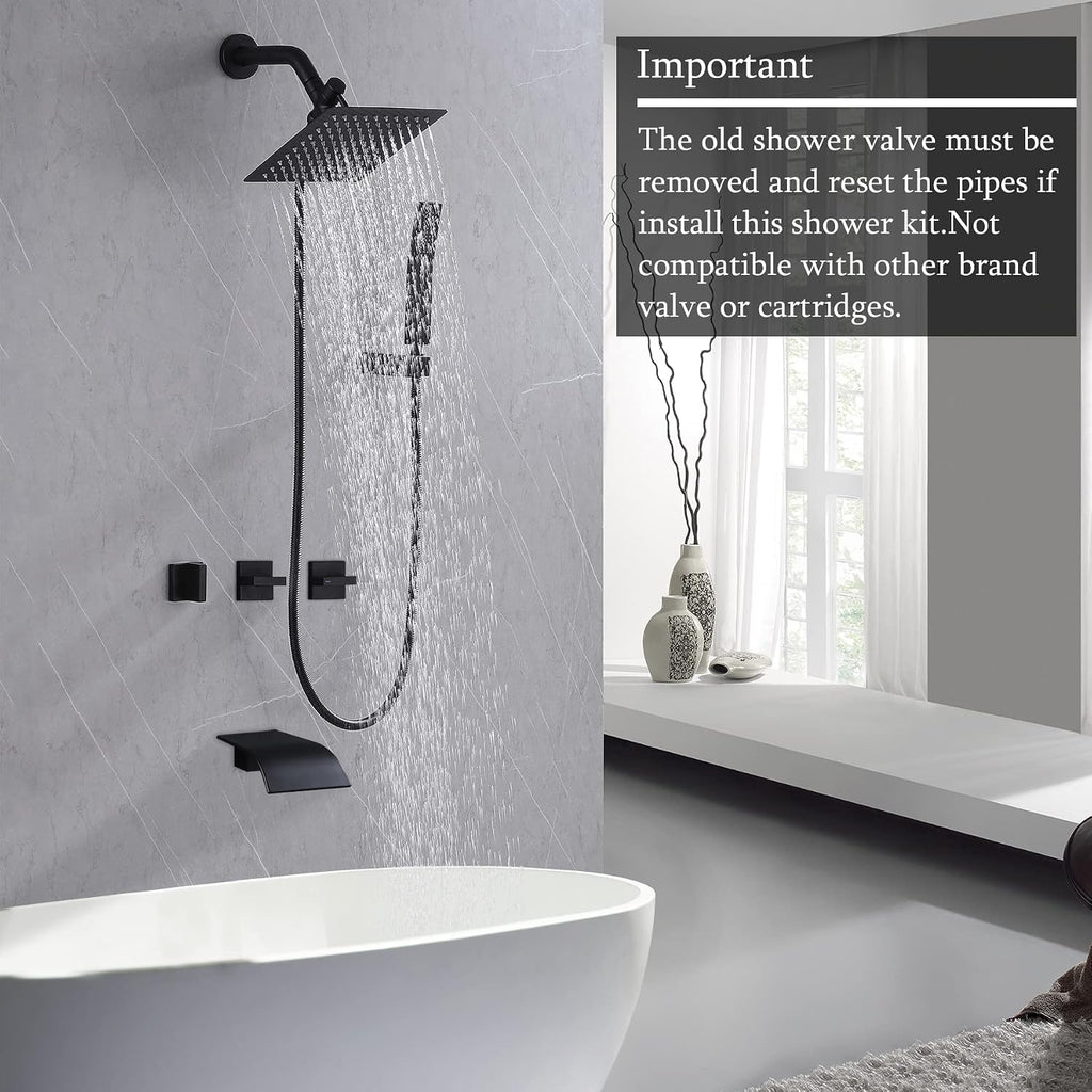3 Handles Tub Shower Faucet,Bathtub Shower Faucet Set with Tub Spout,Dual 2 in 1 Shower System Complete Tub and Shower Trim Kit,Matte Black