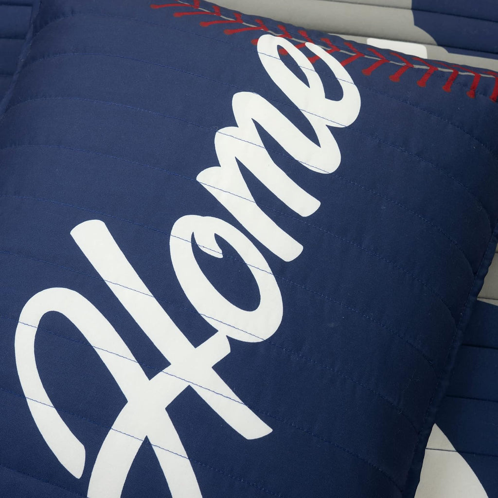 Lush Decor Baseball Game Reversible Quilt Queen Size 5 Piece Set Full/Queen Navy & Gray - Kids Bedding Set Full Quilt - Sports Decor - Baseball Bedding