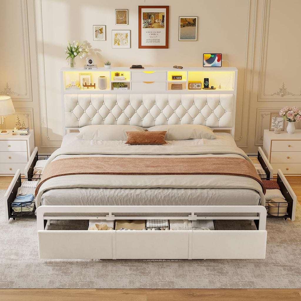 BTHFST Modern King Bed Frame with 5 Drawers & 2-Tier Storage Headboard, Velvet Upholstered Platform Bed with LED Lights and Charging Station, No Noise, No Box Spring Needed, Easy Assembly, Beige