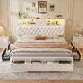 BTHFST Modern King Bed Frame with 5 Drawers & 2-Tier Storage Headboard, Velvet Upholstered Platform Bed with LED Lights and Charging Station, No Noise, No Box Spring Needed, Easy Assembly, Beige