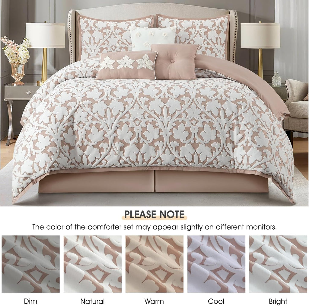 LANCO MODERN LIFESTYLE 7 Pieces Comforter Set, Queen, Blush, Jacquard Floral Pattern and Classy Damask Medallion Design, Ultra Soft, Includes Bed Skirt, Shams, and Decorative Pillows