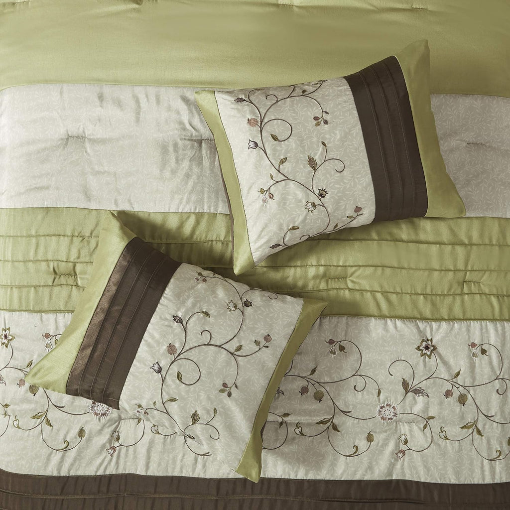 Madison Park Serene Faux Silk Comforter Set - Floral Embroidery Design, All Season Bedding Set, Matching Bed Skirt, Decorative Pillows, Green Queen(90'x90') 7 Piece