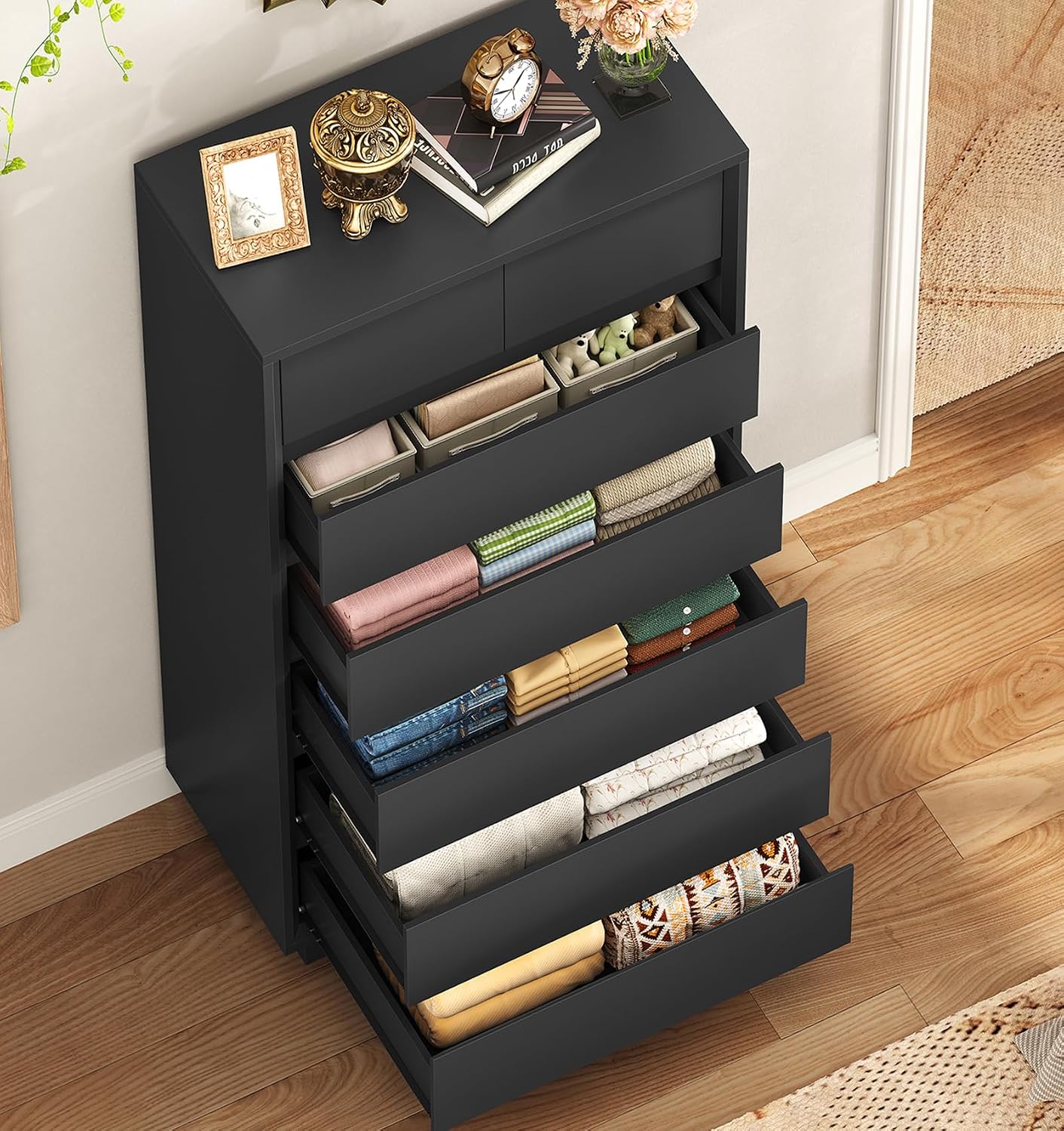 TEENFON 51.6' Tall Dresser for Bedroom with 7 Drawers, Black Dresser with Metal Slide, Bedroom Dressers, Wood Dressers & Chests of Drawers for Bedroom, Hallway, Black