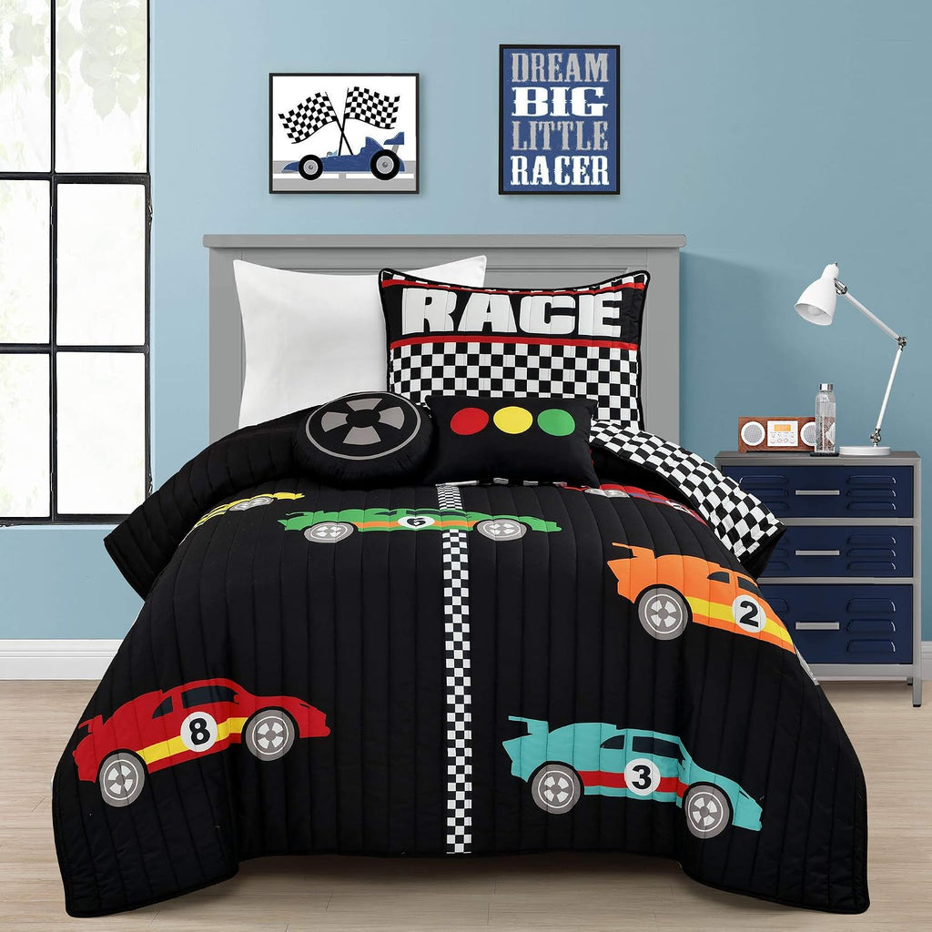 Lush Decor Racing Cars Reversible Quilt Twin Size 4 Piece Set Black & Multi - Toddler Bedding Set Twin Quilt - Car Decor