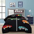 Lush Decor Racing Cars Reversible Quilt Twin Size 4 Piece Set Black & Multi - Toddler Bedding Set Twin Quilt - Car Decor