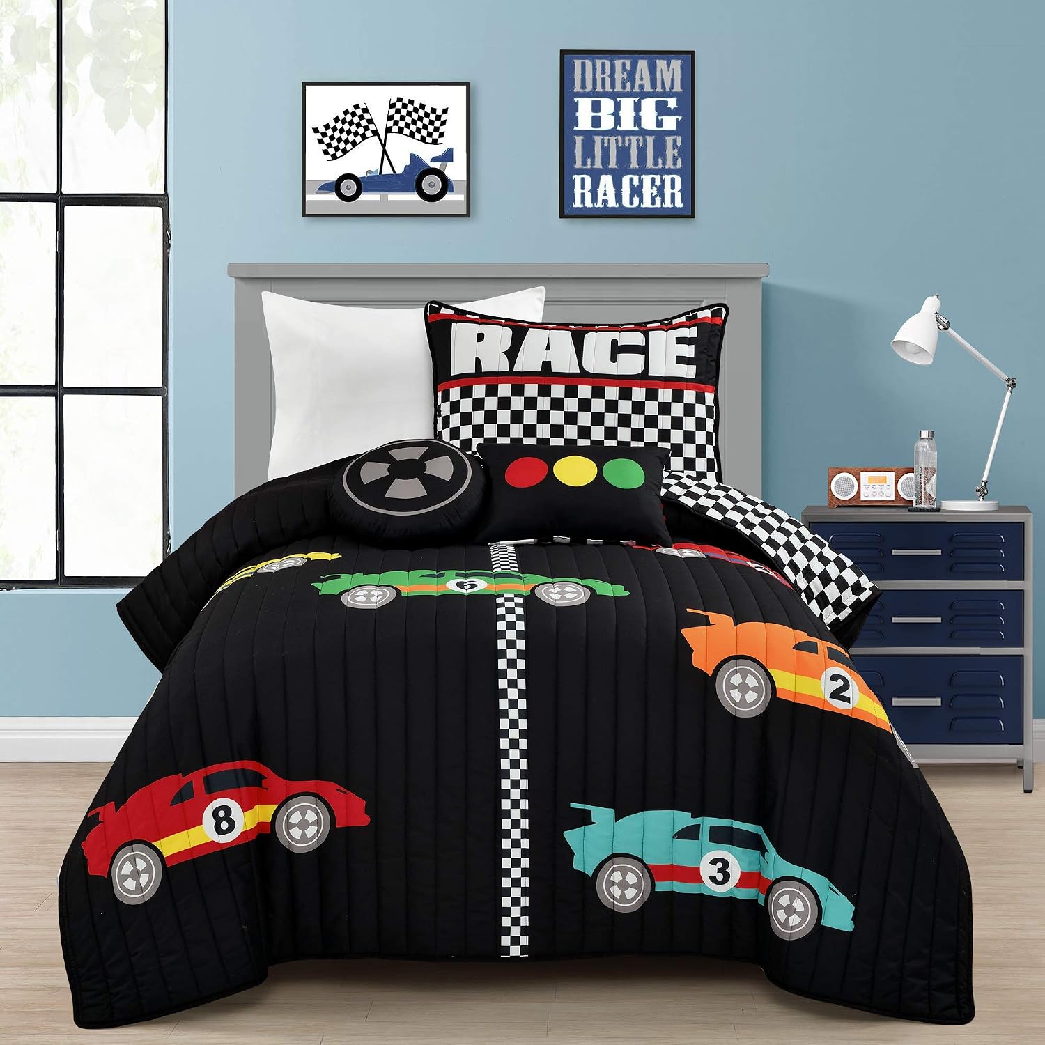 Lush Decor Racing Cars Reversible Quilt Twin Size 4 Piece Set Black & Multi - Toddler Bedding Set Twin Quilt - Car Decor