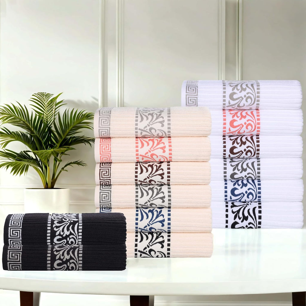 Superior Bath Towel Set, Greek/Floral Decor for Bathroom, Guest Bath, Spa, Resort, Home Essentials, Absorbent Cotton, Adults and Kids, Fast Drying Towels, Athens Collection, Grey (Pack of 16)