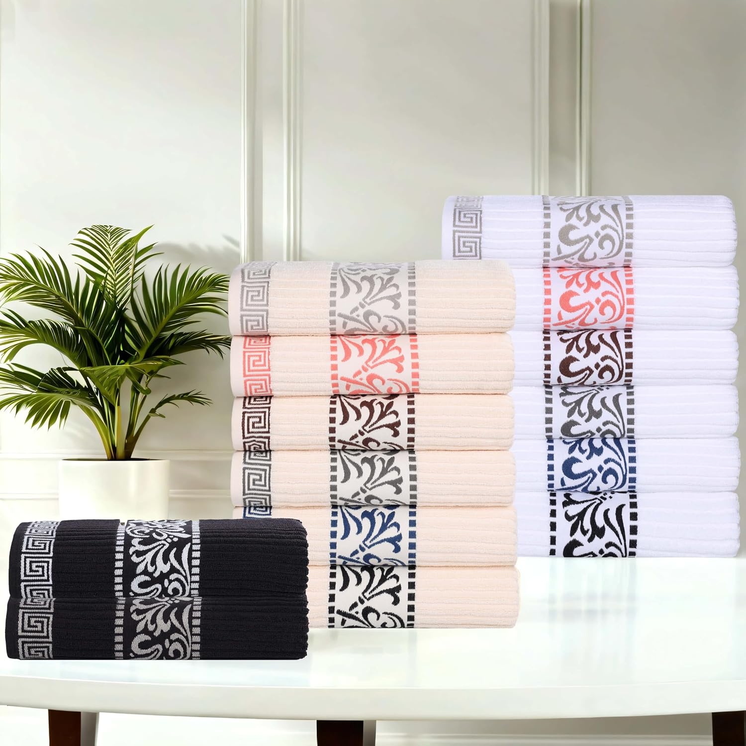 Superior Bath Towel Set, Greek/Floral Decor for Bathroom, Guest Bath, Spa, Resort, Home Essentials, Absorbent Cotton, Adults and Kids, Fast Drying Towels, Athens Collection, Grey (Pack of 16)