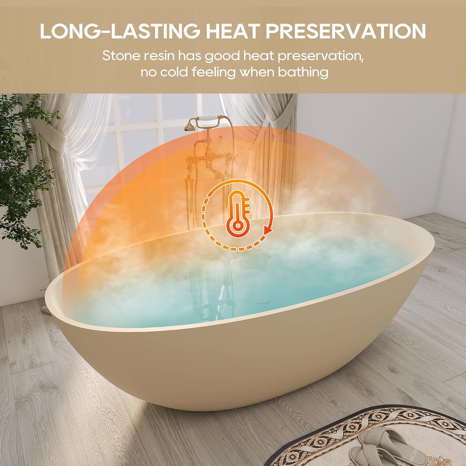 SJ STAR&JANE 65' Solid Surface Freestanding Bathtub, Oval Soaking Tub with Overflow and Pop-up Drain for Bathroom Cream