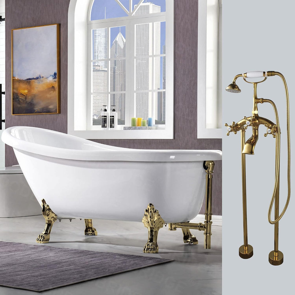 WOODBRIDGE All Inclusive Package 67' Heavy Duty Acrylic Slipper Clawfoot Bath Tub with Polished Gold Feet+Polished Gold Drain &Overflow +PG Faucet
