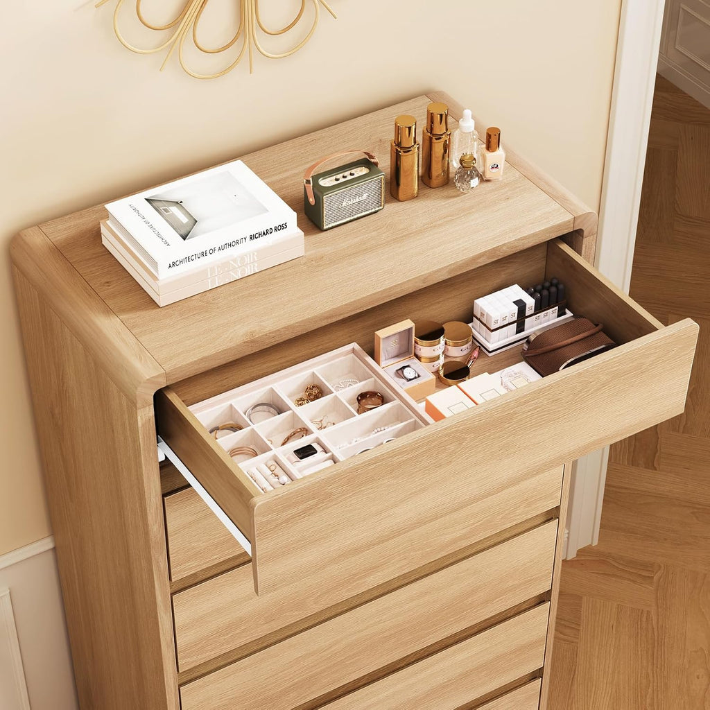 TEENFON Tall Dresser for Bedroom with 6 Drawers, 49.2' Tall Dressers & Chest of Drawers with Curved Profile Design, Wood Closet Storage Dressers Organizer for Bedroom, Living Room, Natural