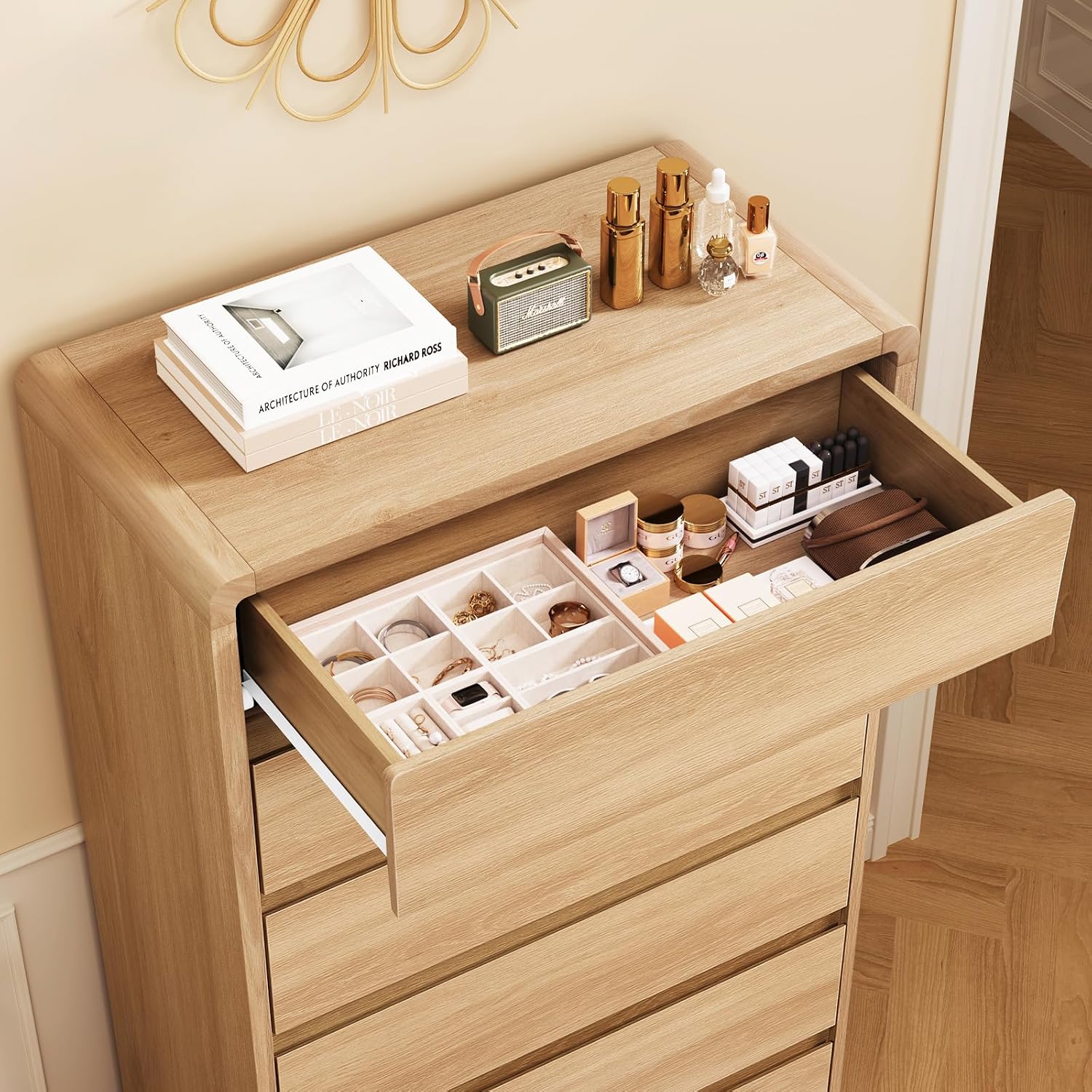 TEENFON Tall Dresser for Bedroom with 6 Drawers, 49.2' Tall Dressers & Chest of Drawers with Curved Profile Design, Wood Closet Storage Dressers Organizer for Bedroom, Living Room, Natural