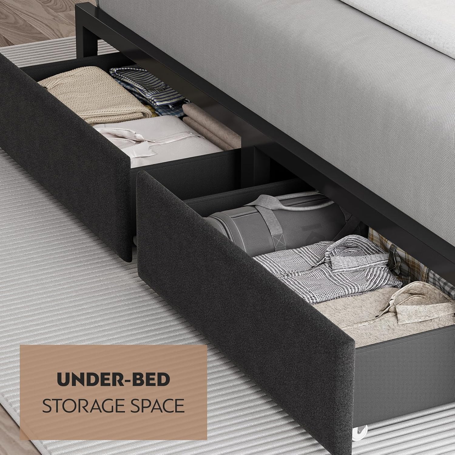 CIKUNASI Queen Size Bed Frame with Headboard and Storage Drawers Platform Bed Frame with Storage Chargin Station LED Light Bedframe Heavy Duty No Box Spring Needed