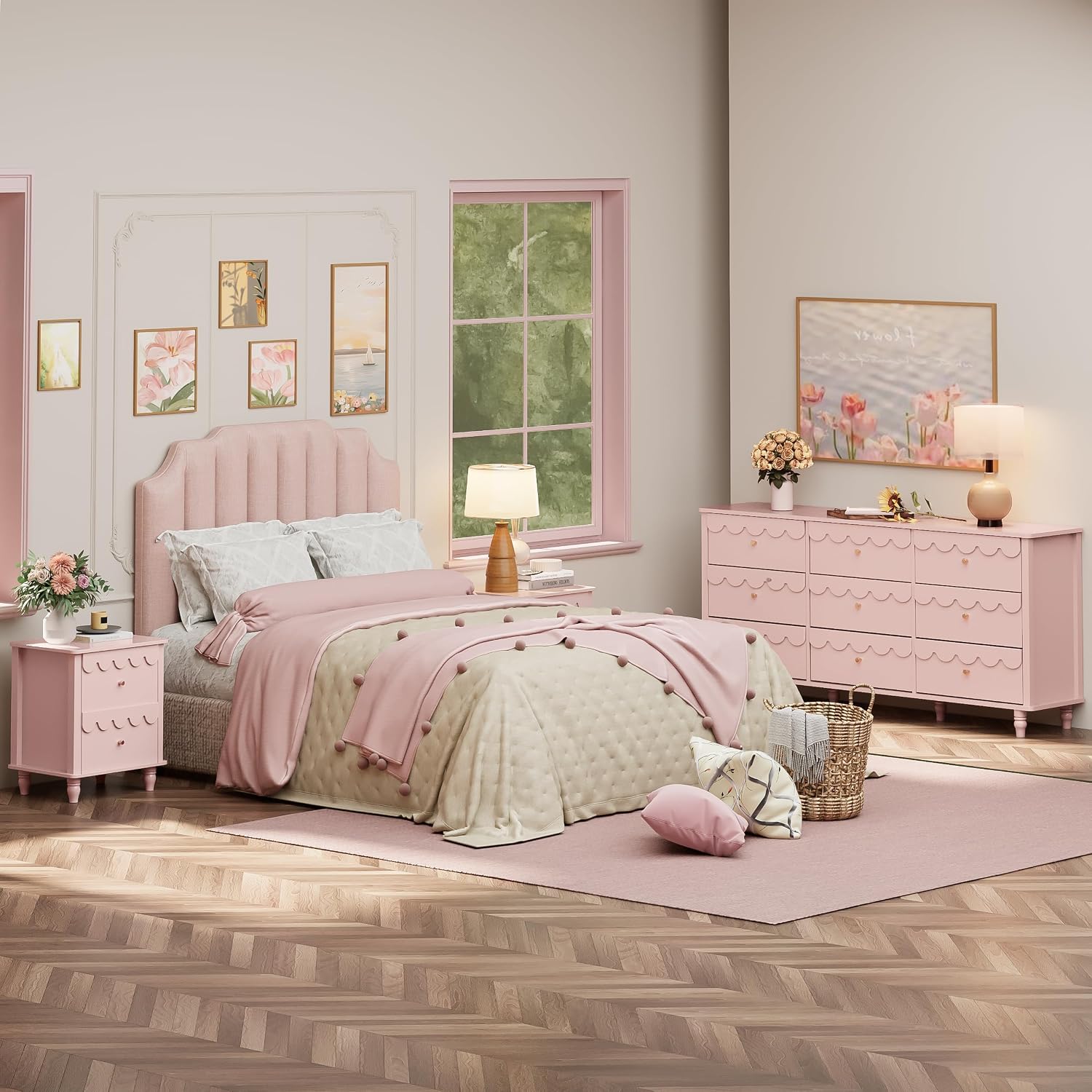 Anbuy Bedroom Sets 9 Drawer Dresser and Night Stand Sets for Bedroom, Two Drawers Nightstand Set of 2 & 9 Drawer Dresser Combo 3 Pieces (Pink)
